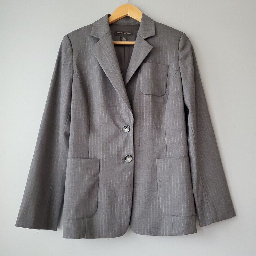 Banana Republic Gray White Pinstripe Wool Blend Career Blazer Pockets Womens 10